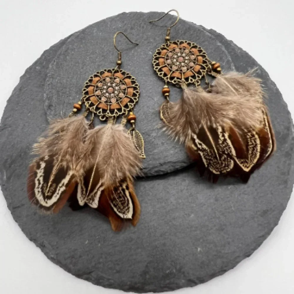 Boho Feather Dreamcatcher Dangle Statement Earrings - Picture 7 of 8